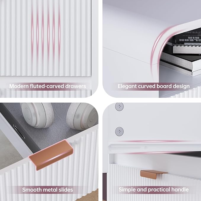 FURSUN 24" Fluted Nightstand with Charging Station, Wooden End Table with 2 Drawers Storage, Curved Profile Design, Modern Bedside Cabinet for Bedroom Living Room, White