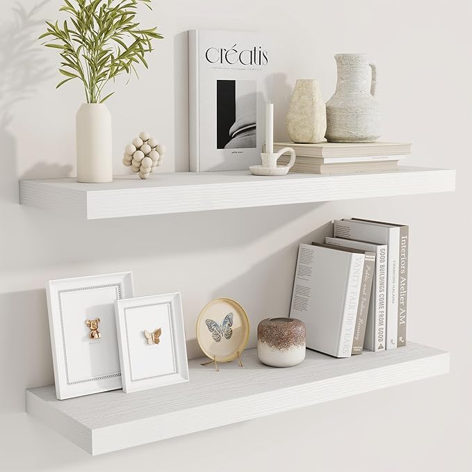 Fun Memories Floating Shelves for Wall, 30 Inch Rustic Wood Wall Mounted Shelves for Bathroom, Bedroom, Kitchen, Living Room, Deep Floating Shelves for Storage & Home Decor (White, Set of 2)