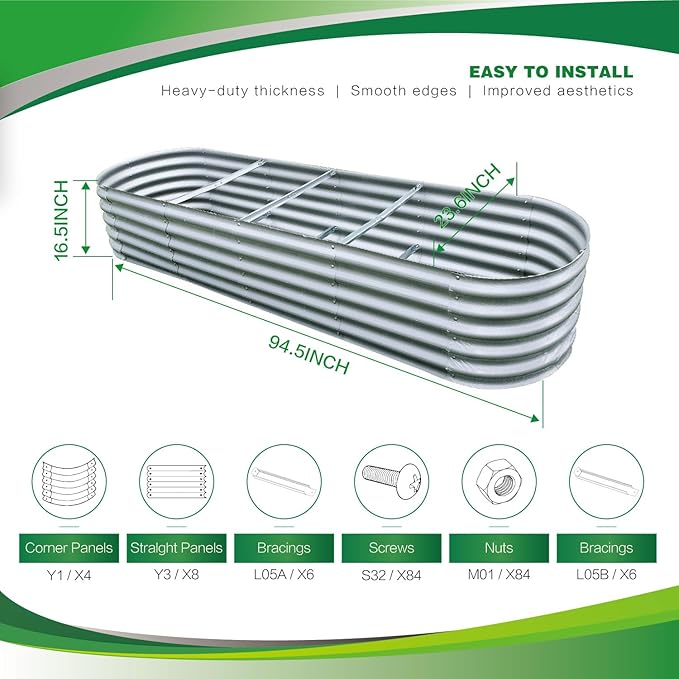 Gardmax Galvanized Raised Garden Bed, Lightweight Planter Boxes Outdoor with Easy Assembly, Large Garden Bed for Vegetables, Fruits, Flower Silver 8FT