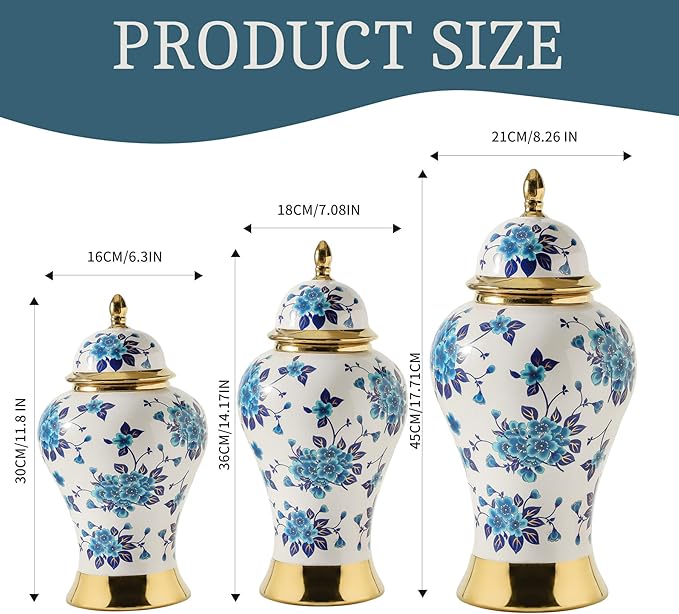 Ginger Jars for Home Decor, White and Gold Vase, Porcelain Ginger Jar Chinoiserie Blue and White Vase with Gold Trim and Floral Pattern, Ceramic Flower Vase for Home, Temple and Storage Jars(18in)
