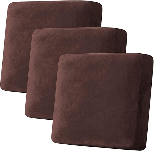 H.VERSAILTEX Velvet Stretch Couch Cushion Cover Plush Cushion Slipcover for Chair Loveseat Sofa Cushion Furniture Protector Seat Cushion Sofa Cover (3 Piece XL Sofa Cushion Covers, Brown)