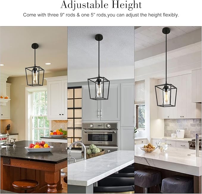1-Light Black Pendant Light Fixture Farmhouse Iron Cage Metal Pendant Light Lantern Hanging Light Fixtures with Clear Glass Shade for Kitchen Island, Entryway, Dining Room, Hallway 5.9*5.9*8.27IN