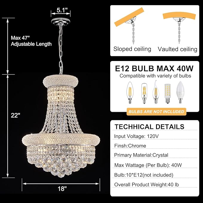 10 - Light Unique Empire Crystal Chandelier for Dining Room Foyer Entryway Living Room Bedroom Chrome Finish