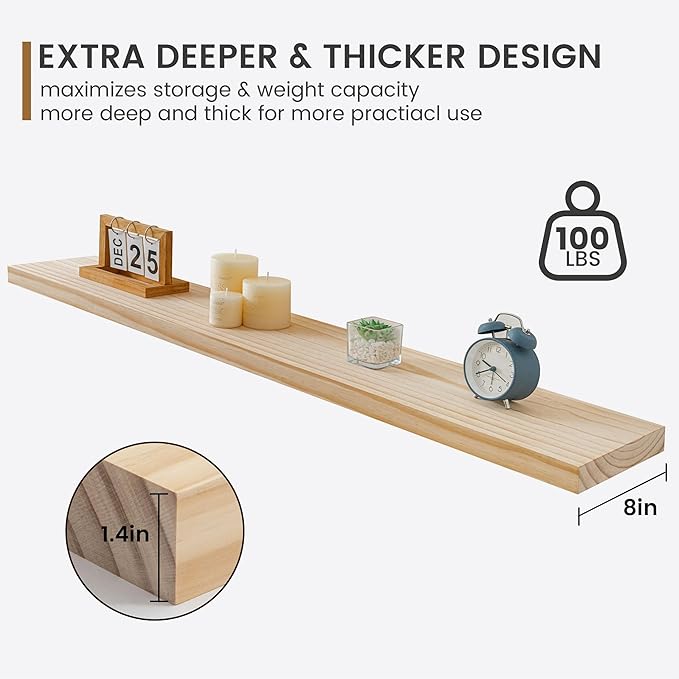 Fun Memories 48 Inch Floating Shelves for Wall, Deep Rustic Solid Pine Wood Floating Shelf - Farmhouse Wall Mounted Display Shelf with Heavy-Duty Metal Bracket, 48" W x 8" D, Set of 1, Unfinished