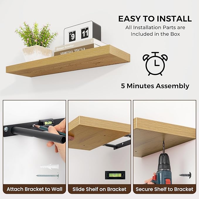 48 inch Floating Shelves for Wall Large Wall Mounted Shelves with Invisible Brackets, Oak Long Shelves for Bathroom, Living Room, Kitchen, Office, 48x9.1 inch deep Set of 2