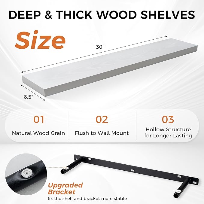 Fun Memories Floating Shelves for Wall, 30" Rustic Wood Deep Wall Mounted Shelves with Invisible Brackets for Decor & Storage, Floating Shelf for Living Room, Bathroom (White, Set of 2)