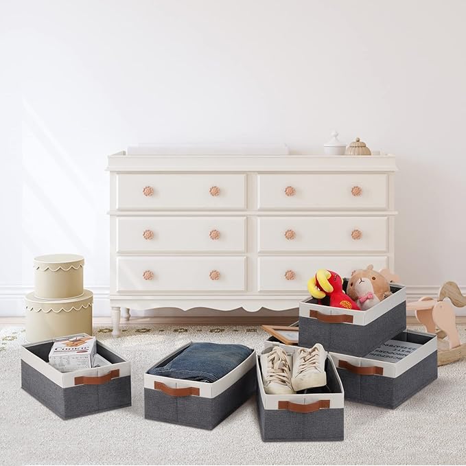 GhvyenntteS Small Fabric Storage Bins 12 Pack, Storage Basket with Leather Handles, Closet Storage Bins for Shelves, Storage Baskets for Shelves, Home, Office (Grey/White, 11.8" x 7.87" x 5.11")