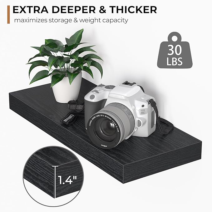 Fun Memories Floating Shelves - 16 Inch Rustic Black Wall Shelf - Wall Mounted Shelves for Wall Decor Storage - Wooden Shelves with Invisible Brackets for Living Room, Bedroom, Kitchen, 2 Pack