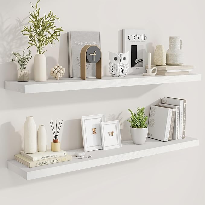 Fun Memories 48 Inch Deep Floating Shelves for Wall, 2 Pack of Long Wall Mounted Wood Shelves with Invisible Brackets for Bathroom, Bedroom, Living Room, Kitchen Decor and Storage, White