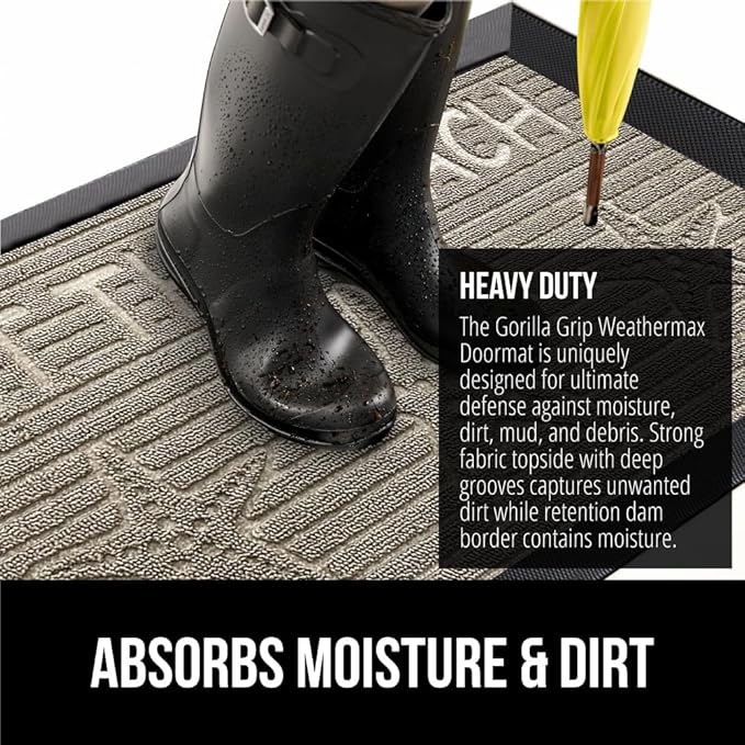 GORILLA GRIP 100% Waterproof All-Season WeatherMax Doormat 35x23, US Designed Natural Rubber, Stain and Fade Resistant, Low Profile Indoor Outdoor Door Mats, Easy Clean Patio Mat, Sand Beach