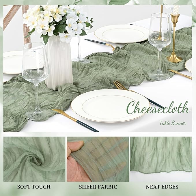 20 Pack Sage Green Cheesecloth Table Runner 10FT Rustic Gauze Fabric Cheese Cloth Table Runner for Wedding Bridal Baby Shower Table Decor 20 x 120 Inch Long Boho Sheer Birthday Party Table Decorations