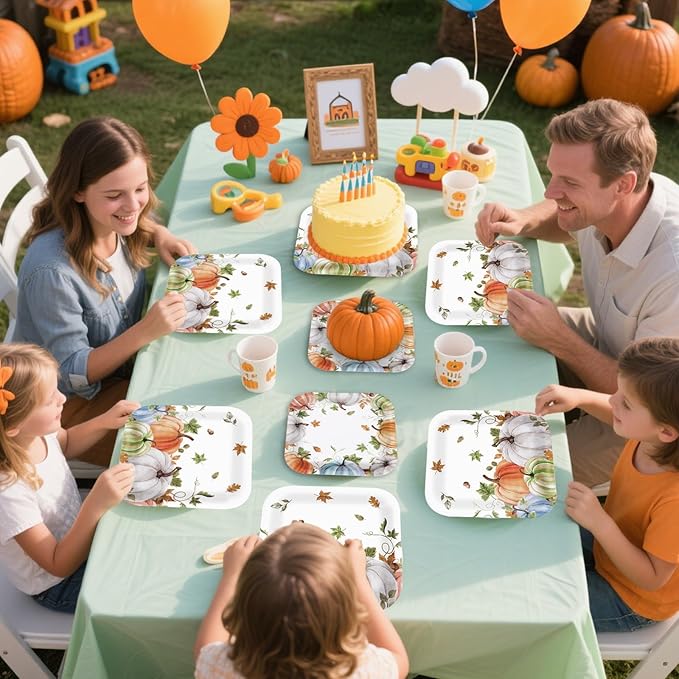 Grencian 200Pcs Fall Plates and Napkins Square Autumn Pumpkin Plates Thanksgiving Paper Platter Tableware Sets for Thanksgiving Harvest Party Decorations, Serves 50