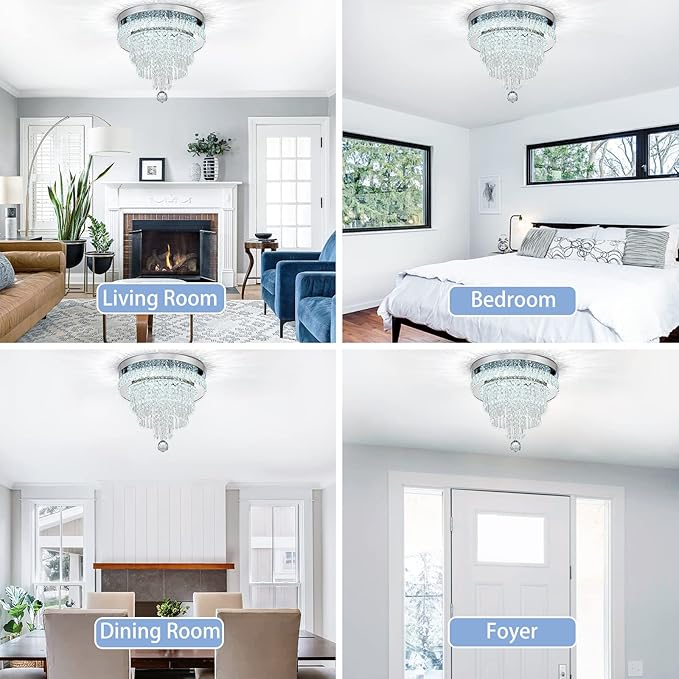 16“ Crystal Chandeliers Light Flush Mount Ceiling Light Fixtures Round Modern LED Chandelier for Living Room Bedroom Dining Room Closet Hallway (Cool White)