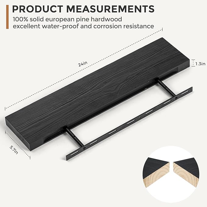 Fun Memories Handcrafted European Pine Floating Shelves - Natural Rustic Wooden Wall Shelf Set of 2-24 Inch Storage Shelf Display Shelf for Kitchen Bathroom Living Room Bedroom Farmhouse - Black