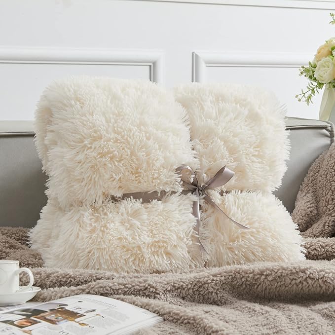 GONAAP Fuzzy Faux Fur Throw Blanket Ivory Super Soft Cozy Plush Fuzzy Shaggy Blanket for Couch Sofa Bed (Ivory, Throw(40"x50"))