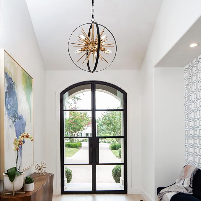 17.72'' Black Gold 8-Light Globe Sputnik Chandelier Modern Industrial Adjustable Hanging Ceiling Firework Pendant Light Fixture for Entryway Stairway Kitchen Dining Living Room Hallway