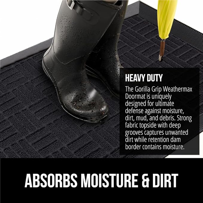 GORILLA GRIP 100% Waterproof All-Season WeatherMax Doormat, 72x24, US Designed Natural Rubber, Stain and Fade Resistant, Low Profile Indoor Outdoor Door Mats, Easy Clean Patio Mat, Black Maze
