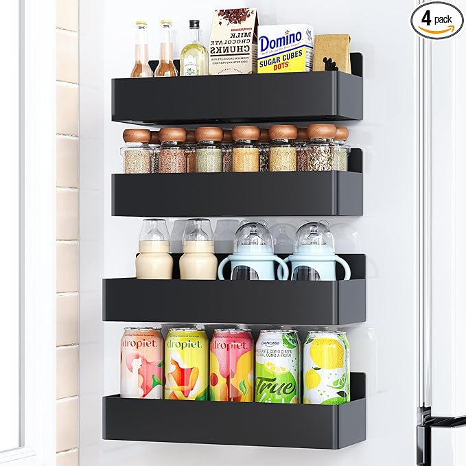 Magnetic Spice Rack for Refrigerator, Kitchen Organizer and Storage Shelf, Black (4 Pack)…