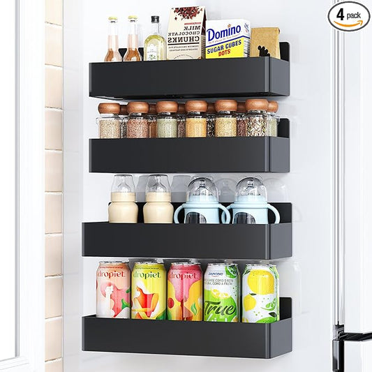 Magnetic Spice Rack for Refrigerator, Kitchen Organizer and Storage Shelf, Black (4 Pack)…