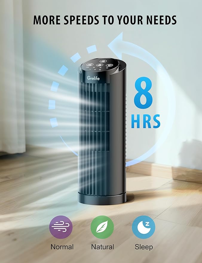 Grelife 13'' Tower Fan for Bedroom, 26dB Quiet Floor Fan with Remote, 3 Mode, 1-8H Timer, 90° Oscillating Fans for Indoors with 27ft/s Velocity, Portable Desk Table Fan for Room, Home, Office,Black