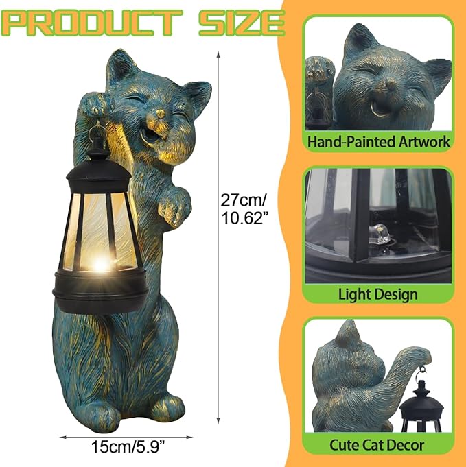 Garden Statues Cat with Solar Lantern Outdoor Bunny Figurines Decorations for Patio Yard Lawn Ornaments Gifts for Birthday Easter Housewarming Mother's Day