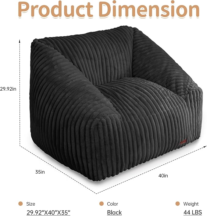 HABUTWAY Bean Bag Chair, Giant Bean Bag Chairs for Adults and Kids, Bean Bag Sofa, Lazy Floor Sofa, Faux Fur Beanbag Chair with Armrests for Living Room Bedroom (Black)