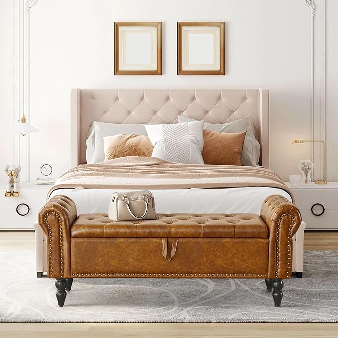 Furniliving Storage Ottoman Bench, Leather Benches End of Bed Bench with Solid Wood Legs Upholstered Ottoman Bench with Storage Indoor Bench for Living Room with Rolled Arm, Entryway, YellowBrown