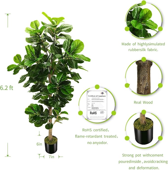 6ft Artificial Fiddle Leaf Fig Tree (72in) with Plastic Nursery Pot Faux Tree, Ficus Lyrata Fake Plant for Office House Farmhouse Living Room Home Decor (Indoor/Outdoor)