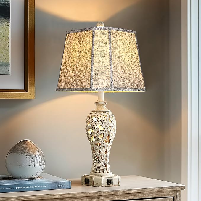 25'' Farmhouse Table Lamp for Living Room Bedroom, 2 USB Ports Vintage Rustic Nightstand Desk Lamp with Nightlight, White Hollow Out Resin Lamp for End Table (Bulb Included)