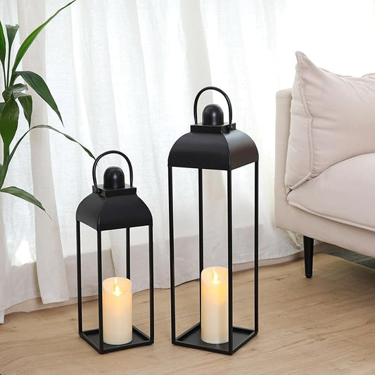25'' 19'' Lanterns Decorative Outdoor Indoor, Black Metal Outdoor Candle Lanterns, Set of 2 Modern Farmhouse Decorative Lantern for Fireplace, Patio, Porch, Floor, Halloween Lantern (No Glass)