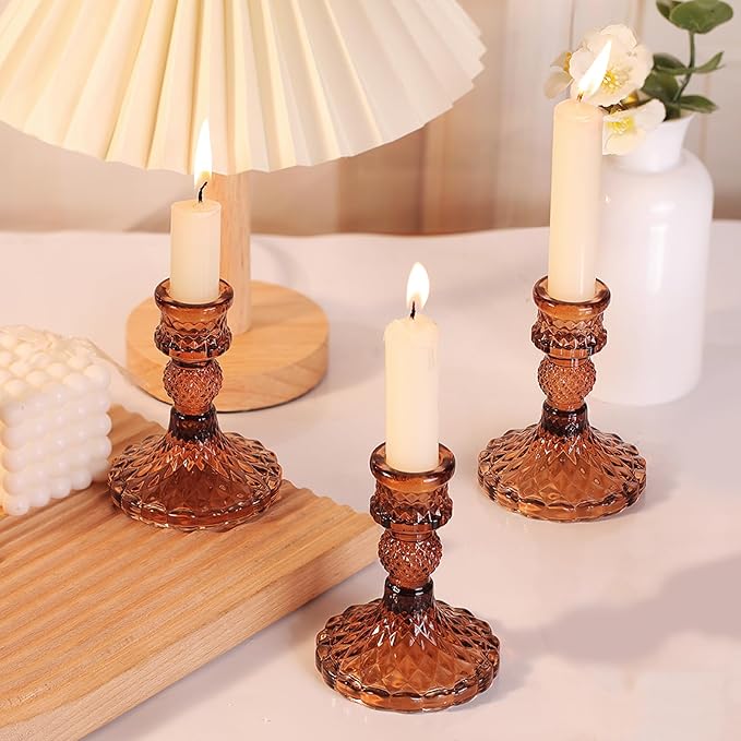 12Pcs Amber Candlestick Holders Set- 4" H Taper Candle Holders Bulk, Glass Candle Holders for Wedding, Party, Fall Dinner Table Centerpieces, Festival Gifts & Windowsill Decor