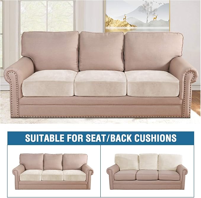 H.VERSAILTEX Velvet Stretch Couch Cushion Cover Plush Cushion Slipcover for Chair Loveseat Sofa Cushion Furniture Protector Seat Cushion Sofa Cover (3 Piece Sofa Cushion Covers, Ivory)