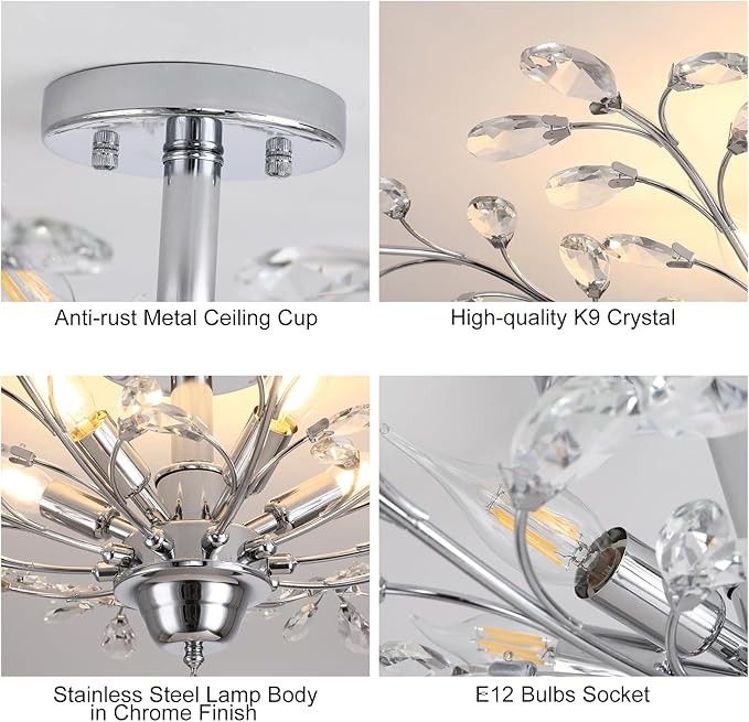 Ganeed Frozen Crystal Branch Close to Ceiling Light Chrome Silvery Vintage Chandelier with 5-Light Heads, Modern K9 Crystal Chandelier for Dining Room Living Room Bedroom Kitchen Over Table