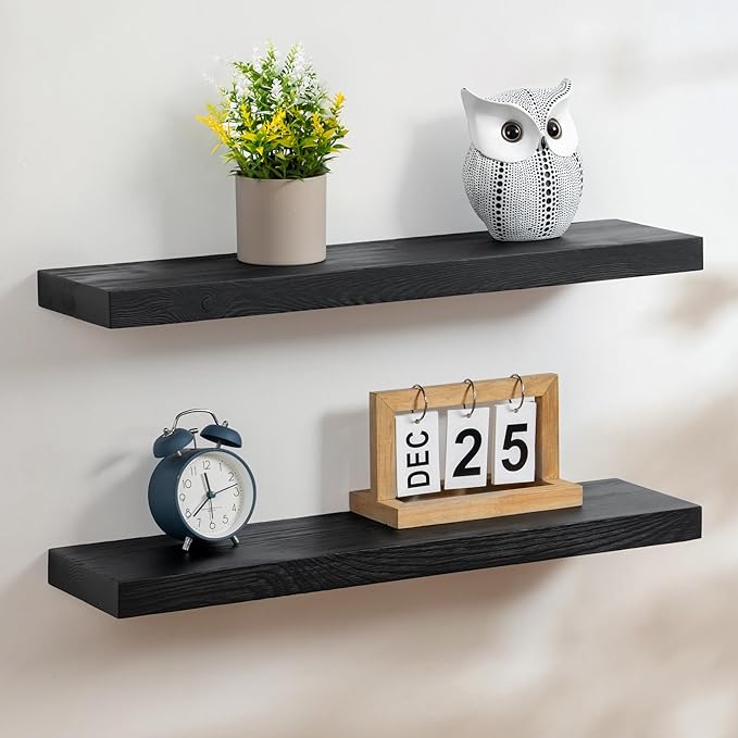Fun Memories Handcrafted European Pine Floating Shelves - Natural Rustic Wooden Wall Shelf Set of 2-24 Inch Storage Shelf Display Shelf for Kitchen Bathroom Living Room Bedroom Farmhouse - Black