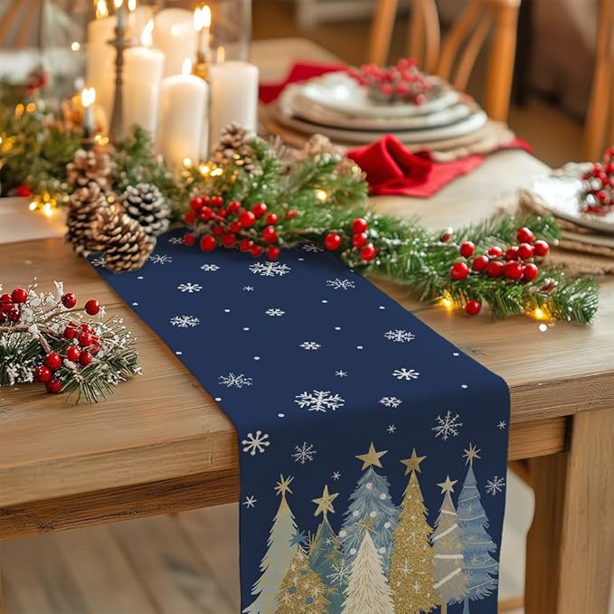 GEEORY Christmas Table Runner 13x60 Inch, Xmas Trees Snowflakes Holiday Decorative Farmhouse Table Decoration for Kitchen Dinning, Indoor Outdoor Dinner Party Decor (Blue) GT151-60