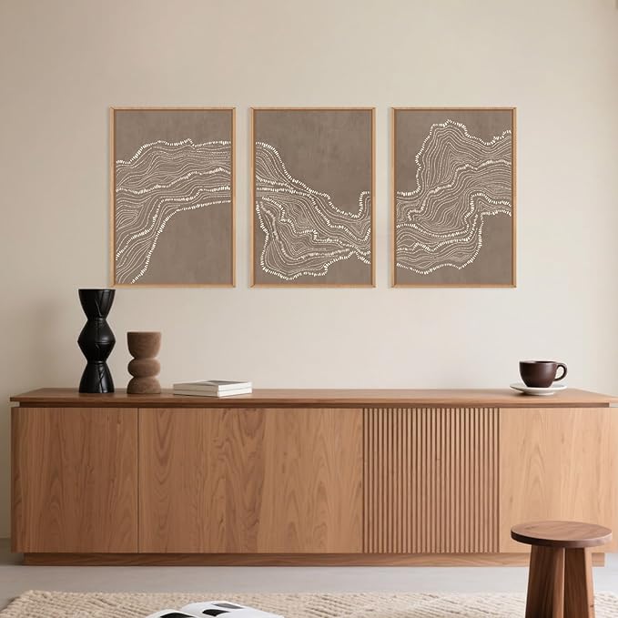 Geometric White Tan Wave Framed Canvas Wall Art Set, Abstract Line Art Painting, Modern Minimalism Wall Decor, Neutral Art Print for Living Room, Bedroom, Dining Room, Office - 16"x24"x3