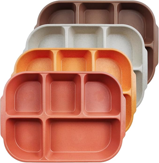 greenandlife 10.8 Inch 4PCS Divided Plates for Kids Adults, Portion Control Plates, Dishwasher & Microwave Safe Compartment Plate, Unbreakable Lightweight Reusable Wheat Straw Plates, Sunset