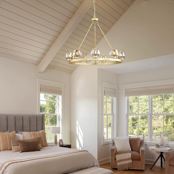 Gold Wagon Wheel Chandelier, 36 Inch Brass Chandeliers with Unique Glass Shade, 9-Light Crystal Farmhouse Wagon Wheel Chandeliers for Dining Room, Round Chandelier for Living Room, Foyer, Entryway