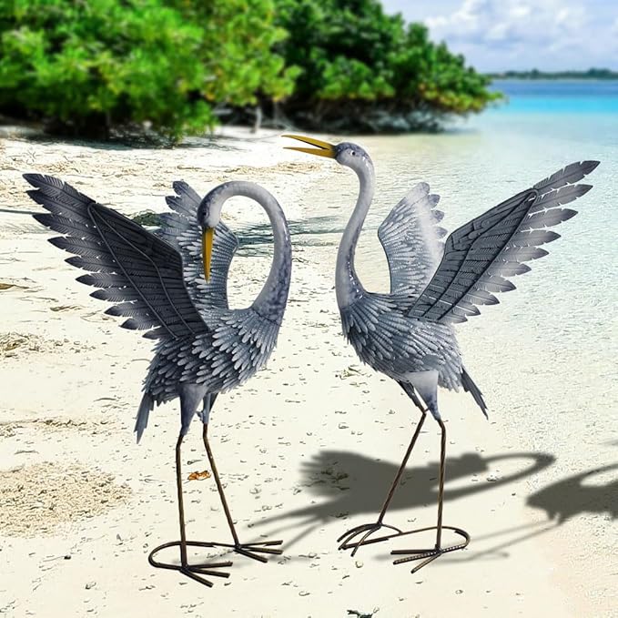 24-27 Inch Standing Crane Garden Sculptures & Statues, Crane Metal Yard Art for Backyard, Lawn, Patio, Porch, Birthday, Wedding Decorations, Gray