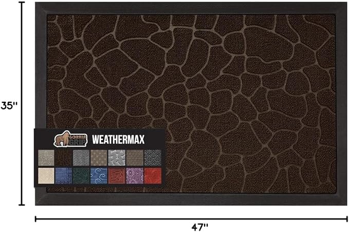 GORILLA GRIP 100% Waterproof All-Season WeatherMax Doormat, 47x35, US Designed Natural Rubber, Stain and Fade Resistant, Low Profile Indoor Outdoor Door Mats, Easy Clean Patio Mat, Dark Brown Pebble