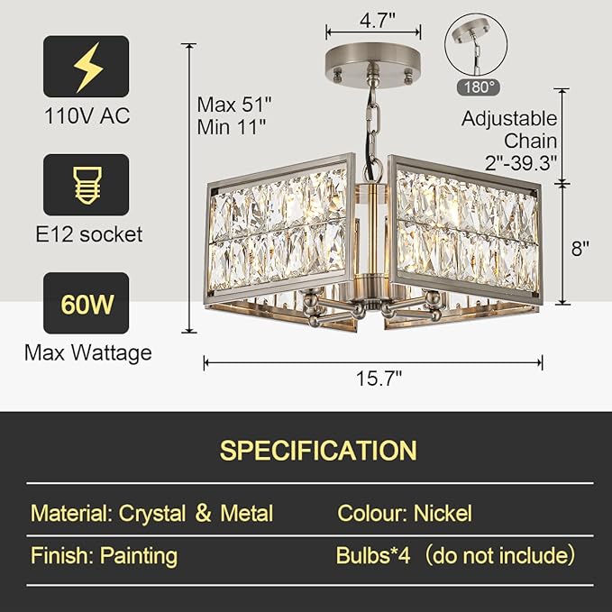 12” 4-Light Modern Crystal Chandeliers Nickel Dinning Room Light Fixture, Square Pendant Light Kitchen Island Chandelier, Flush Mount Ceiling Light for Living Room Entryway Bedroom Foyer
