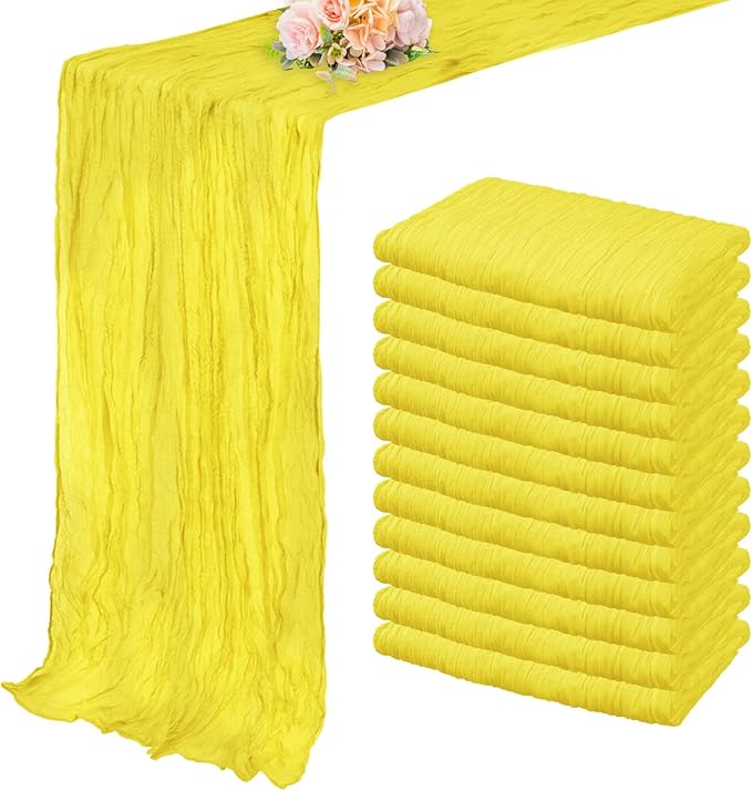 12 Pack Yellow Cheesecloth Table Runner 20 x 120 Inch Long Rustic Gauze Cheese Cloth Table Runner for Wedding 10FT Bridal Baby Shower Table Decorations Boho Fabric Sheer Birthday Party Table Decor