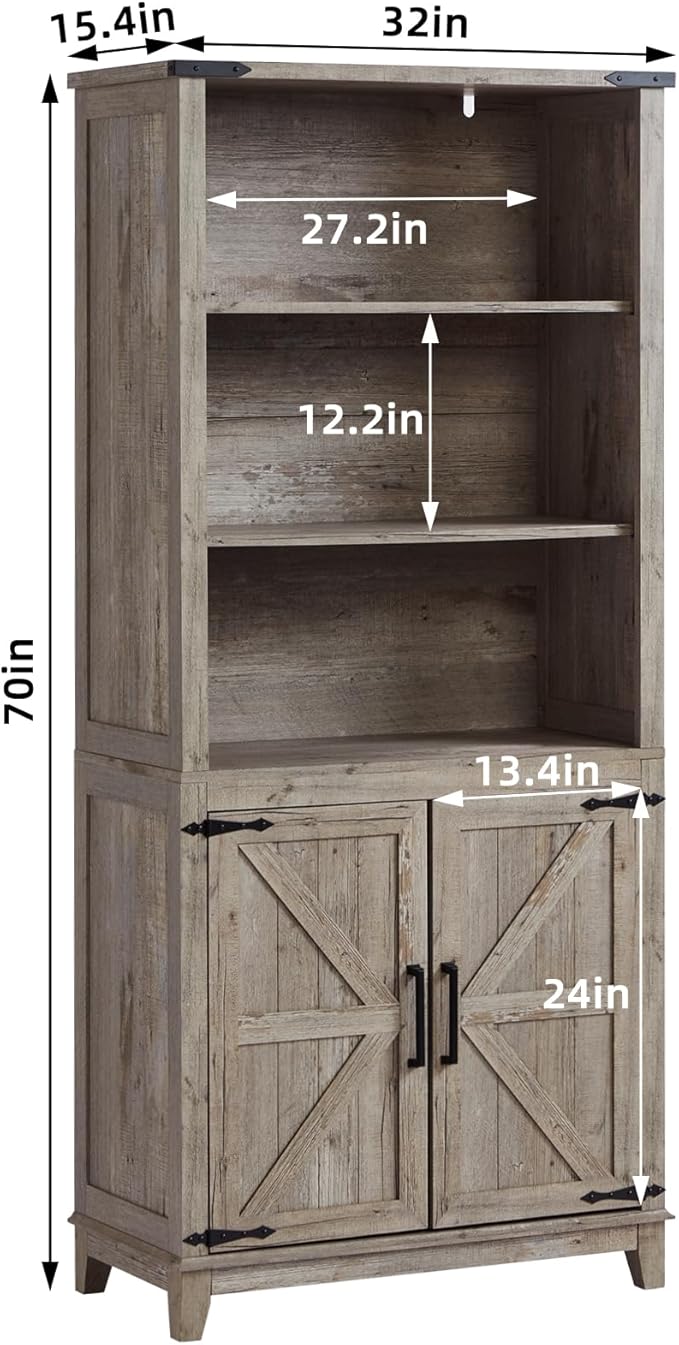 5 Tier Bookshelf 70in Tall Bookcase with Barn Doors and Storage Cabinet, Grey Farmhouse Book Shelf with Adjustable Shelves, Wood Freestanding Display Bookshelves for Bedroom, Kitchen (3PCS)