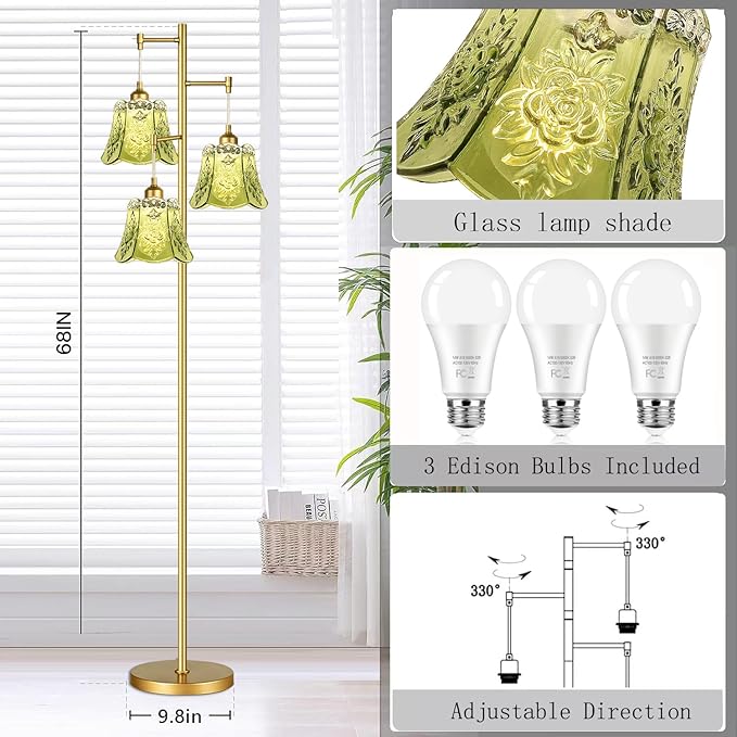Gold Floor Lamp for Living Room,Bedroom,Tree 3 Light Standing Lamp Mid Century Modern Brass Tall Floor Lamps Vintage Retro Floor Lights Glass Green Flower Lamp Shade Farmhouse Boho Bohemian