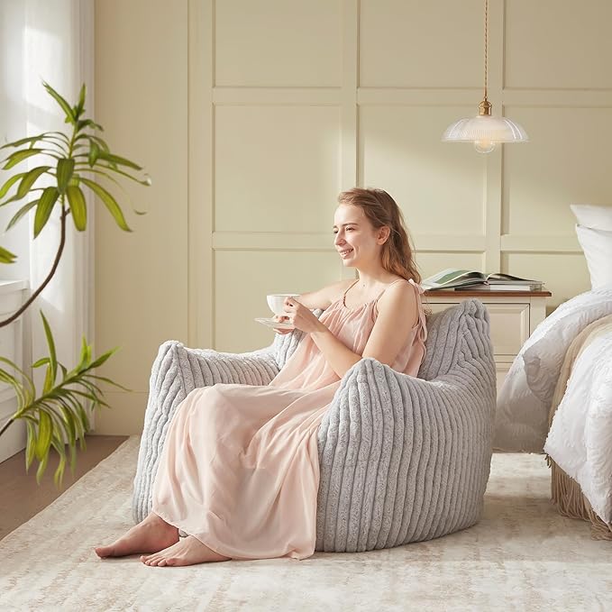 Giant Bean Bag Chairs for Adults Teens, Large Bean Bag Sofa Chairs with Filling Comfy Fuzzy BeanBag Chair with Armrests for Bedroom Living Room Reading