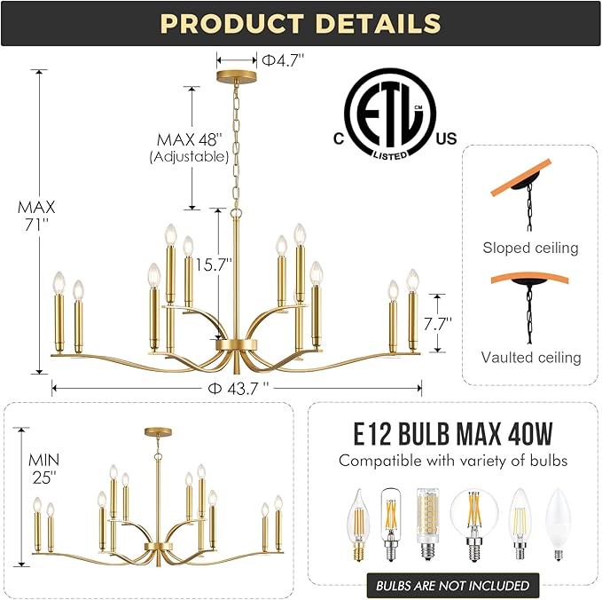 12 Light Gold Living Room Chandelier High Ceiling Foyer Candle Chandelier Large Modern Brass 44in Metal Chandeliers Hanging Light for Master Bedroom Dining Room Light Fixture Over Table