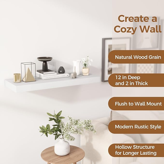 Fun Memories White Floating Shelves 30x 12 Inch, Deep Floating Shelf Wall Mounted, 12" Deep Wall Shelves for Books, Bathroom, Bedroom, Kitchen, Thicked Shelves for Home Storage & Display, Set of 2