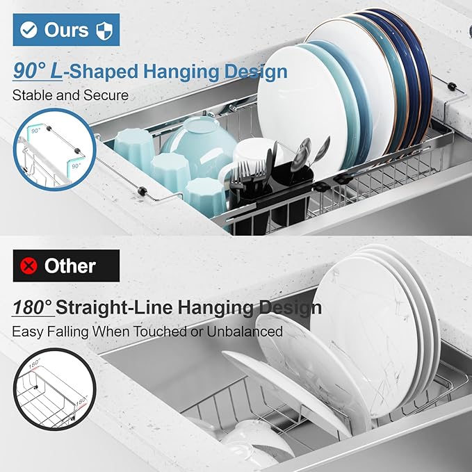 GSlife Expandable in Sink Dish Drying Rack - Capacity Adjustable Stainless Steel Over The Sink Dish Drainer with 2 Cup Holder and Utensil Holder for Kitchen Sink, 10.8"~17.9" L x 14.2" W, Silver