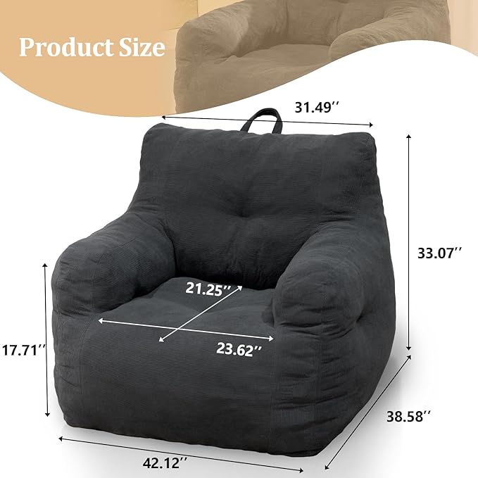 Giant Bean Bag Chair, Large Bean Bag Chair for Adults, Fluffy and Comfy Bean Bag Chair with Filler, Big Bean Bag Sofa Chair for Reading, Stuffed High-Density Foam, Grey