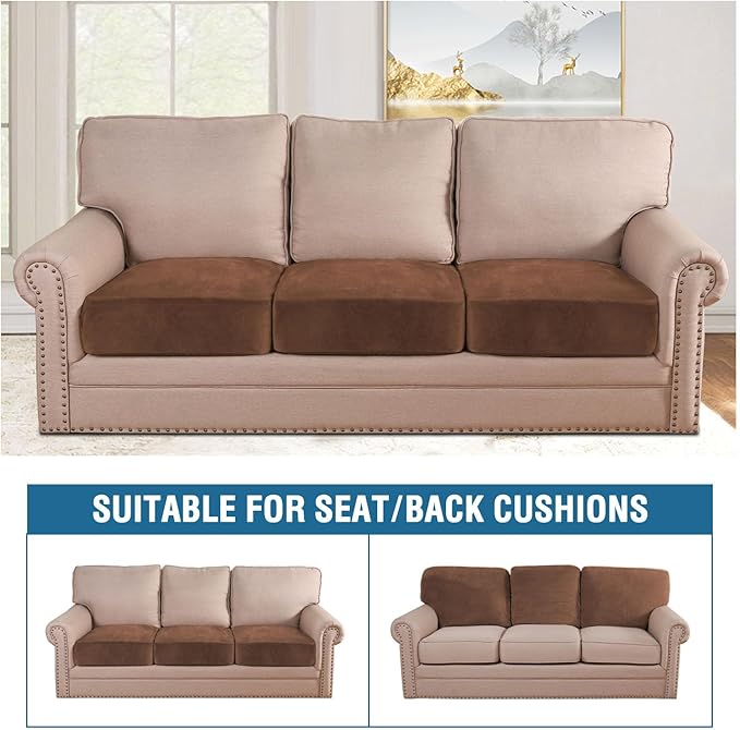 H.VERSAILTEX Velvet Stretch Couch Cushion Cover Plush Cushion Slipcover for Chair Loveseat Sofa Cushion Furniture Protector Seat Cushion Sofa Cover (3 Piece XL Sofa Cushion Covers, Caramel)
